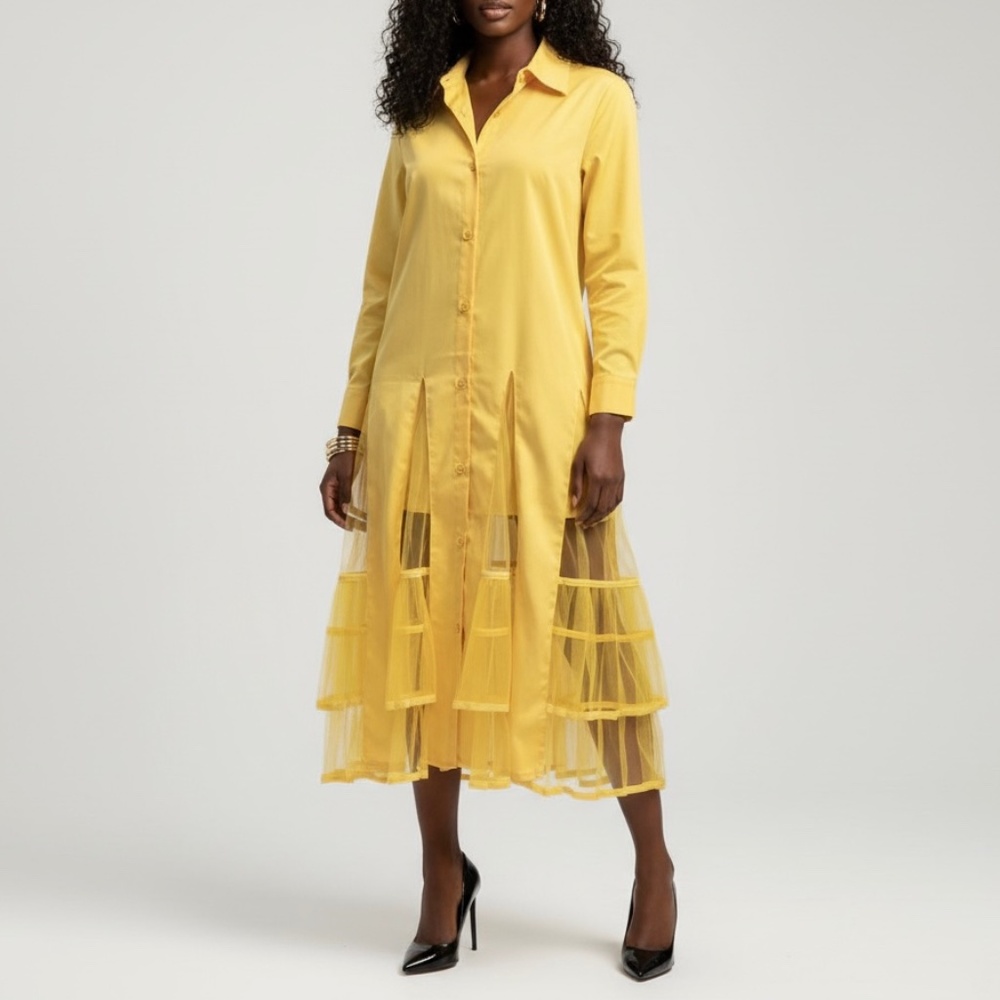 #A037 FT INC Resort Yellow Sheer Midi Shirt dress NWT Size M - Picture 2 of 10